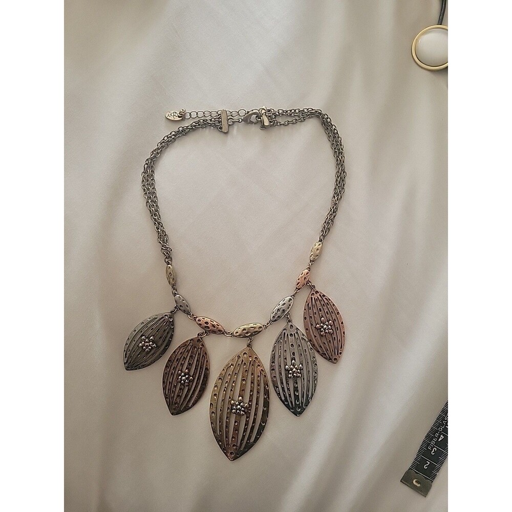 Erica Lyons Copper Silver Gold Tone Boho Necklace Statement Leaf Hammered Vtg